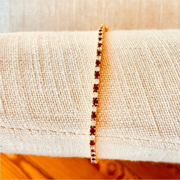 Tennis Bracelet with Simulate Ruby Gemstones and CZ Diamonds 14K Gold/Sterling - Picture 5 of 11